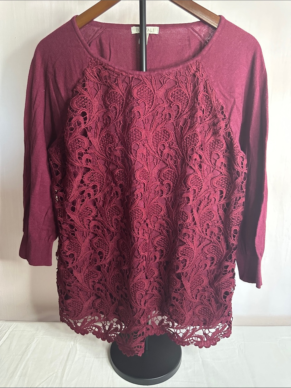Roz & Ali Burgundy Crochet Front Tunic Top